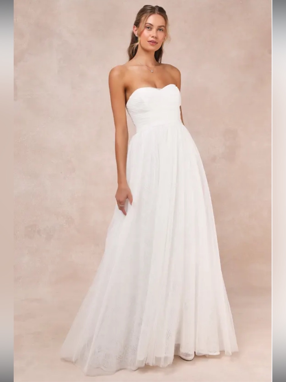 NWT- Blissful Forever White Tulle Lace Strapless Pleated Maxi Dress